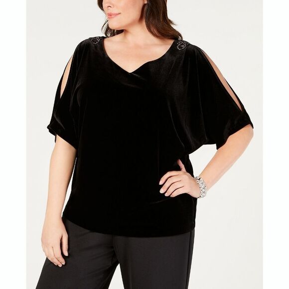 New! ALEX EVENINGS Embellished Shoulder Velvet Black Top Blouse Plus Size - Picture 1 of 7